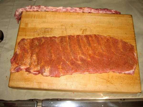 Prepared and seasoned pork spare rib slab