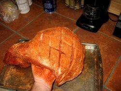 Dry Rub Has Been Applied To Scored Fat Cap Side of a Whole Beef Brisket Seasoned Brisket Showing Scored Fat Cap