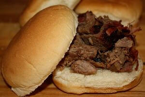 Shredded BBQ Beef Sandwich, Ready For The Sauce Shredded Beef On a White Bun