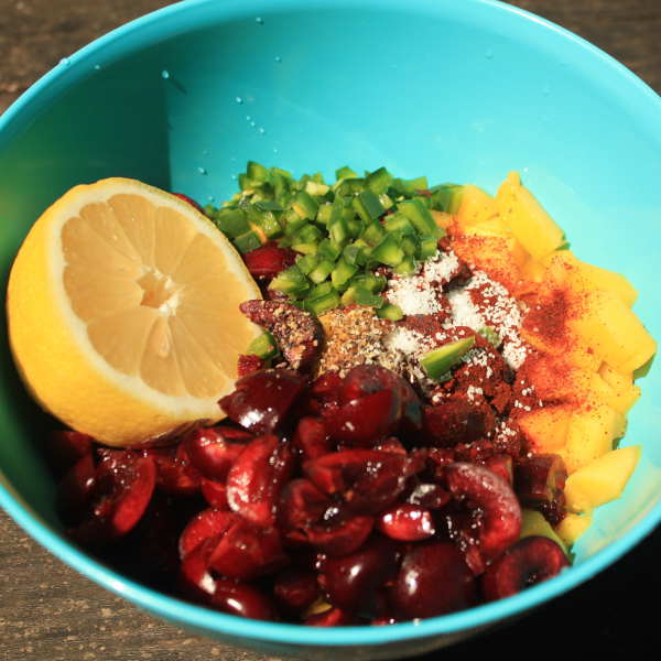 Chopped Cherry Mango Seasonings Lemon and Jalapeno In Bowl