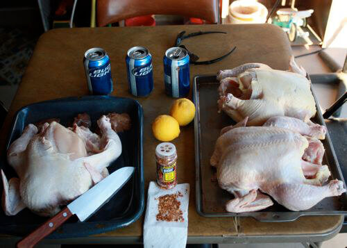 Three Whole Chickens Being Prepared For Grill Smoking