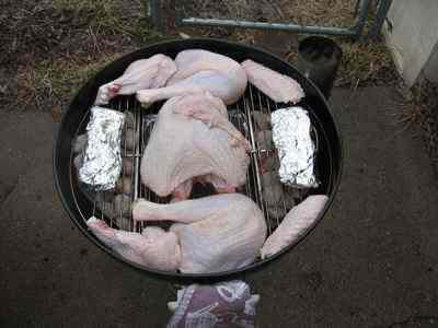 Charcoal Grilling Turkey - Raw Parts on Weber Grill