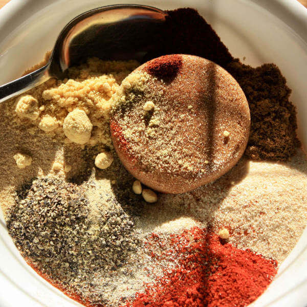 Memphis Rib Rub Ingredients In Bowl With Spoon, Before Mixing