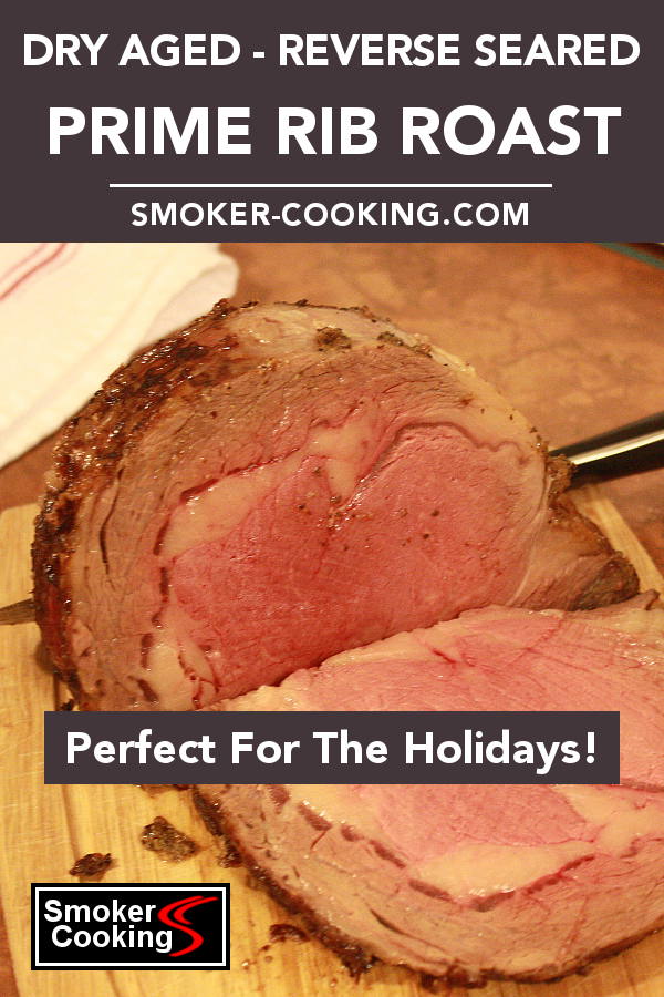 A Juicy, Medium Rare Dry Aged, Reverse Seared Prime Rib Roast, Sliced, On a Cutting Board