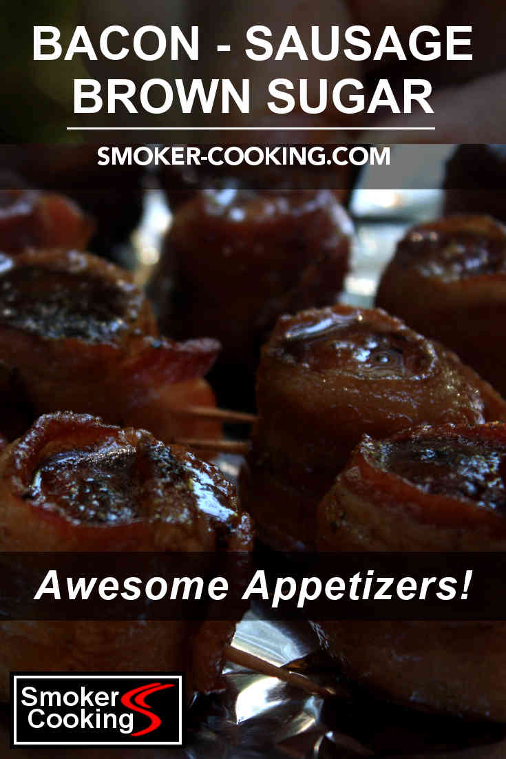 Close-up picture of a platter of sausage and bacon appetizers ready for devouring. Pin for later