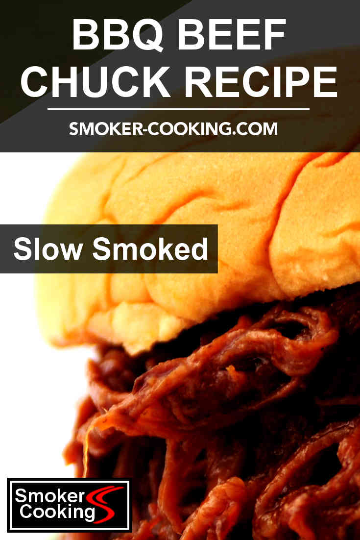 Shredded BBQ beef chuck between sandwich buns, viewed in a close-up image. Pin for later