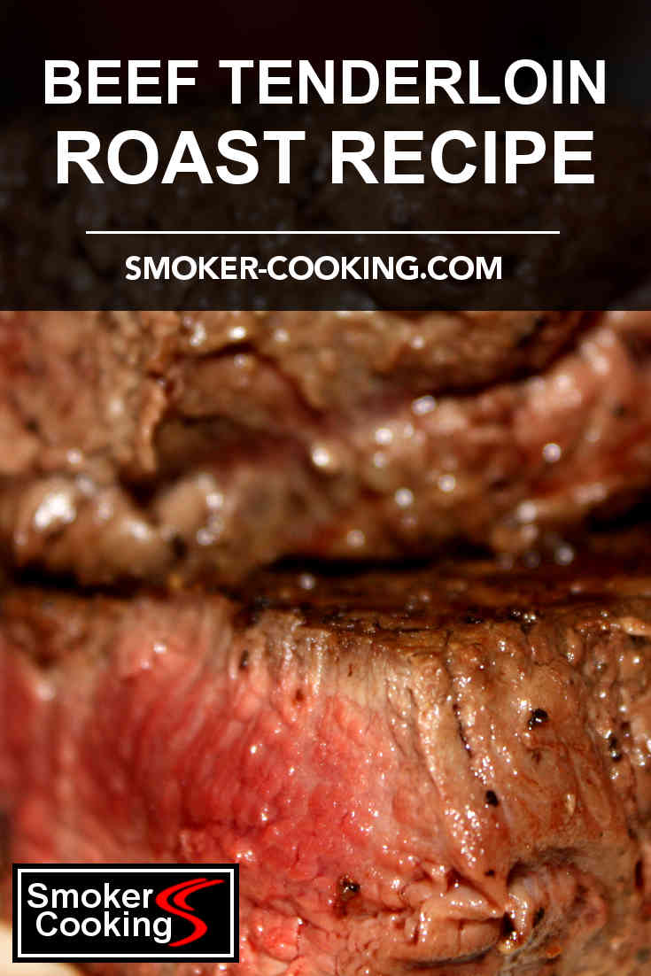 Close up shot of grill-smoked beef tenderloin, cooked to a delicious rare stage of doneness. Pin for later