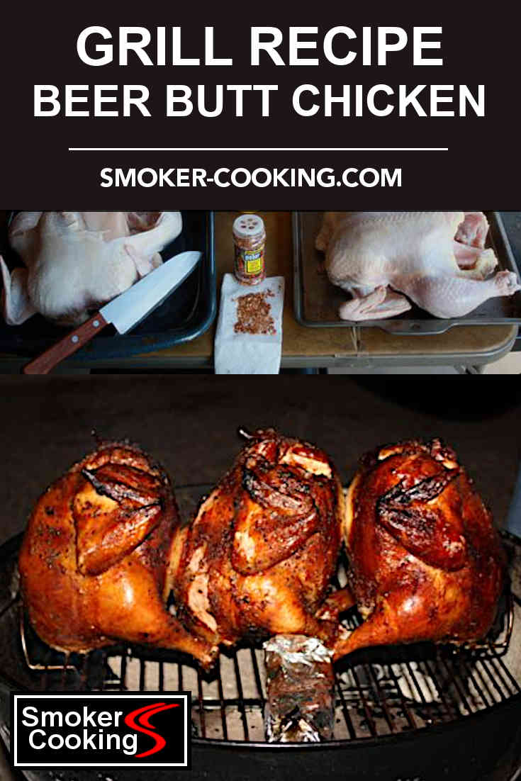 Three nicely browned beer butt chickens on a Weber kettle grill. Pin for later