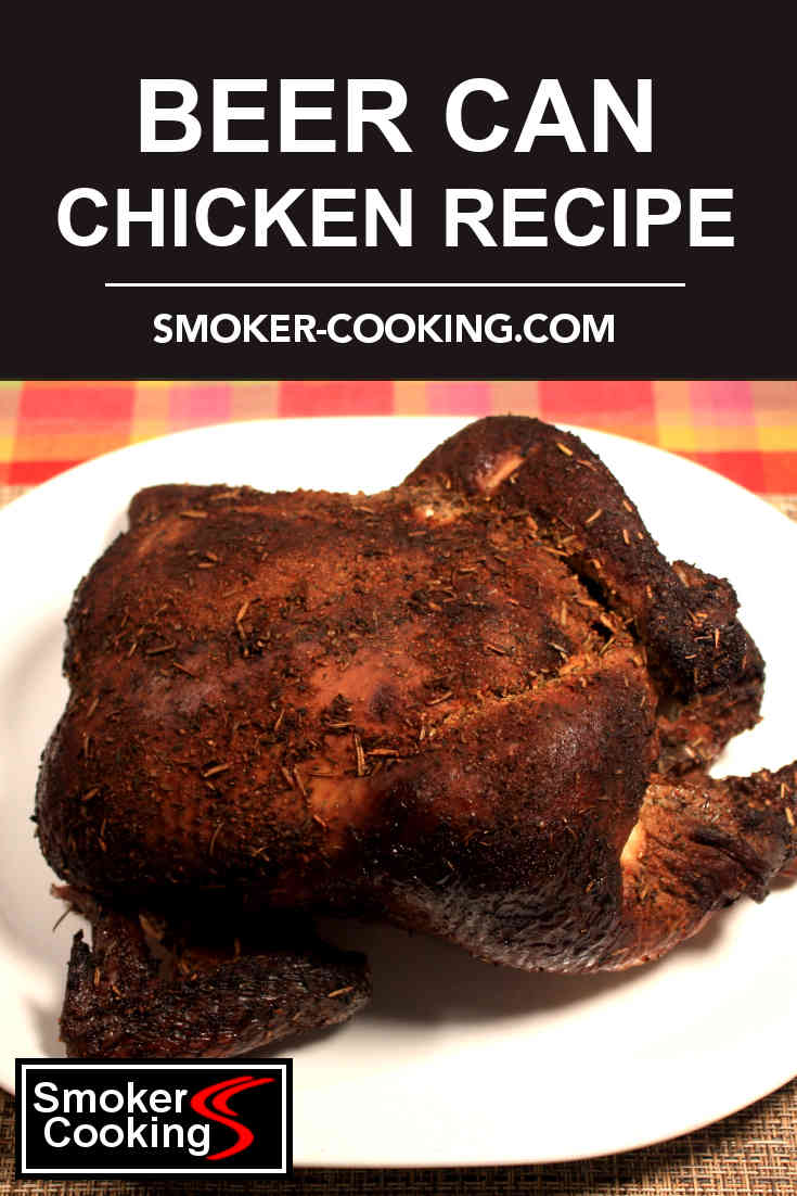 This beer can chicken, seasoned with an herb rub, rests on a white serving platter. Pin for later