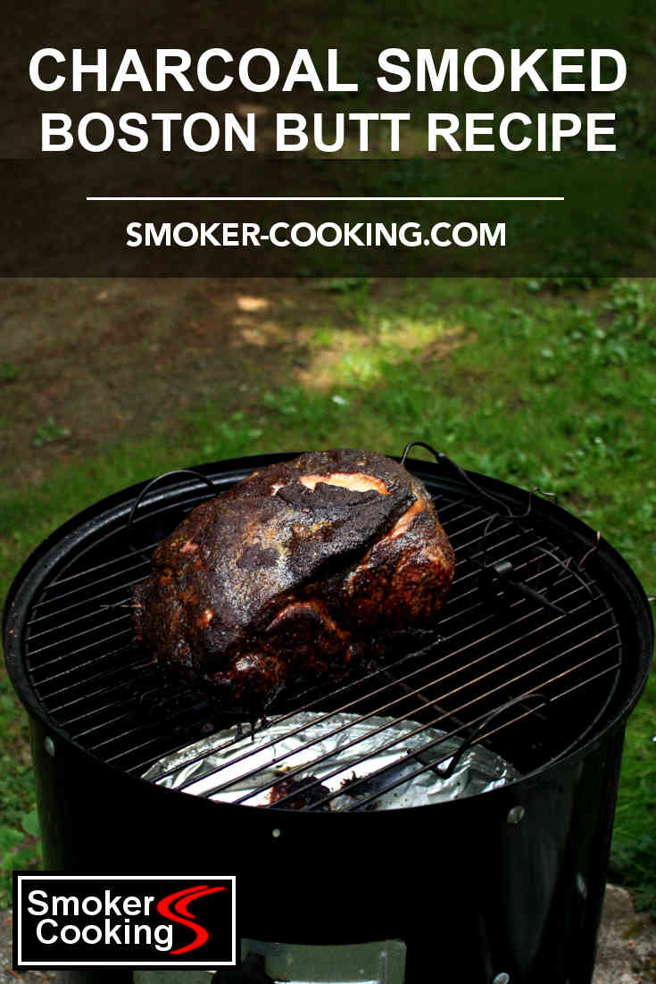 Smoked Boston Butt On the Top Grate Of a Weber Smokey Mountain Cooker. Beautiful green scenery in the background. Pin to save
