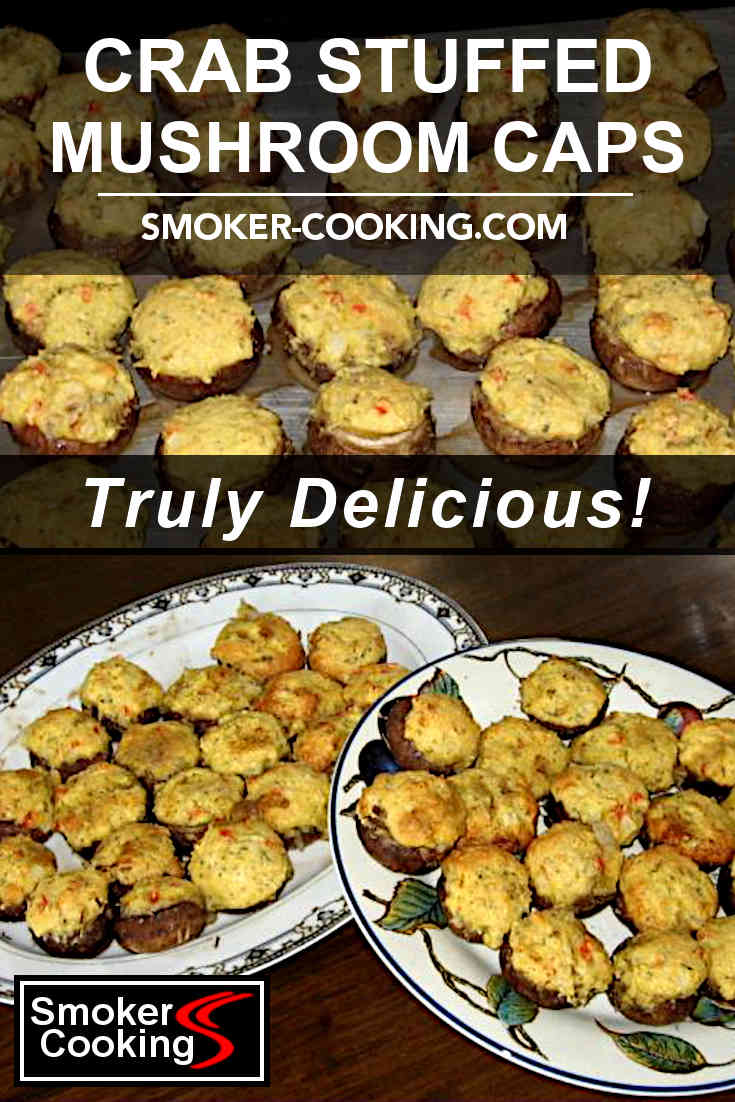 Stuffed mushrooms on a baking sheet in the grill, and two platters overflowing with crab filled mushroom caps, ready for the party to begin. Pin it to Win it!