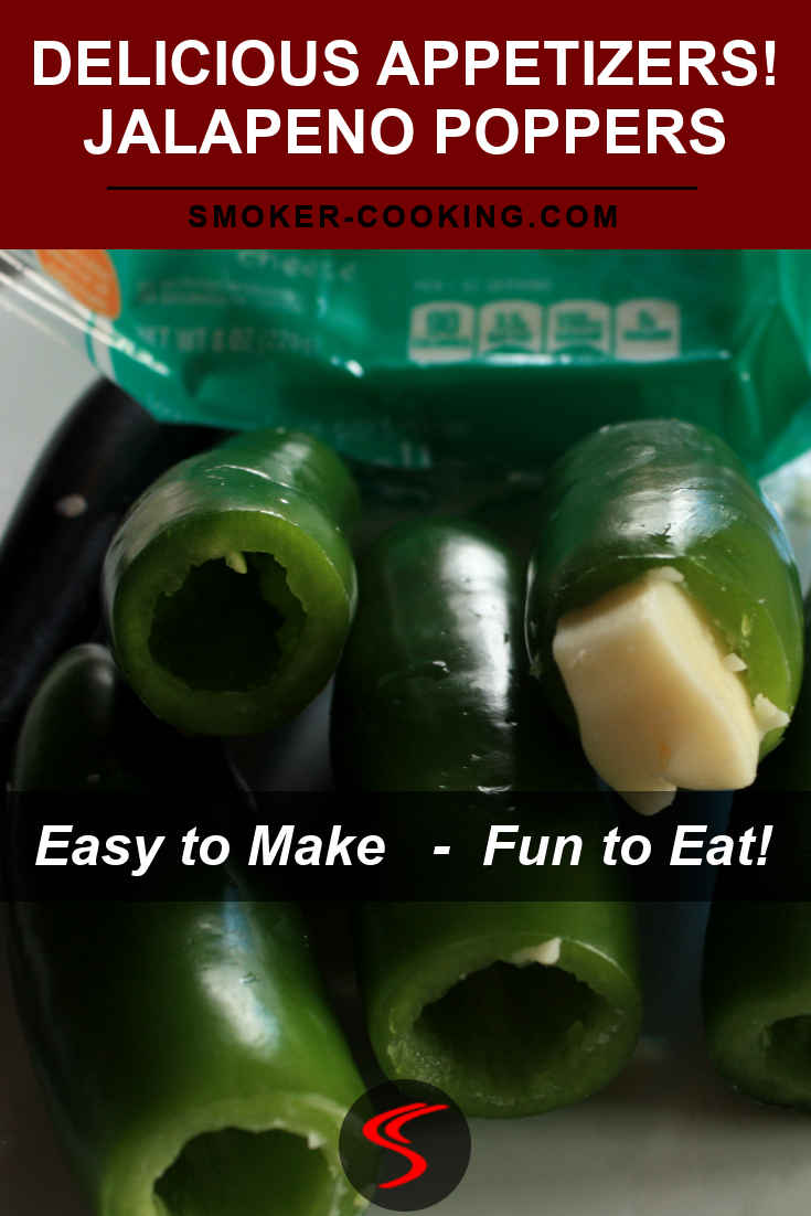 Jalapeno poppers in the preparation stage, tops cut off, seed cores removed and starting the filling process. One is stuffed with a piece of Monterrey Jack cheese.