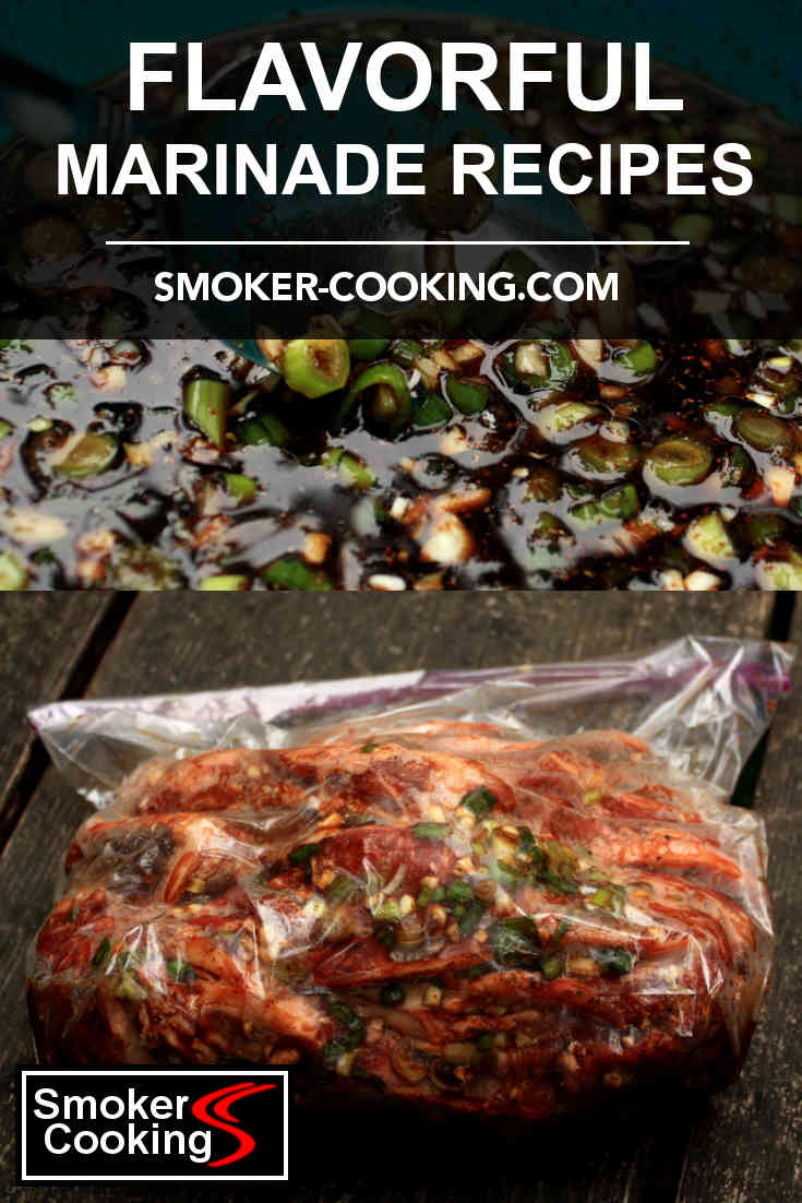 Graphic showing a bowl of vibrantly colored marinade, and a baggie filled with marinating Korean beef short ribs. Pin for later