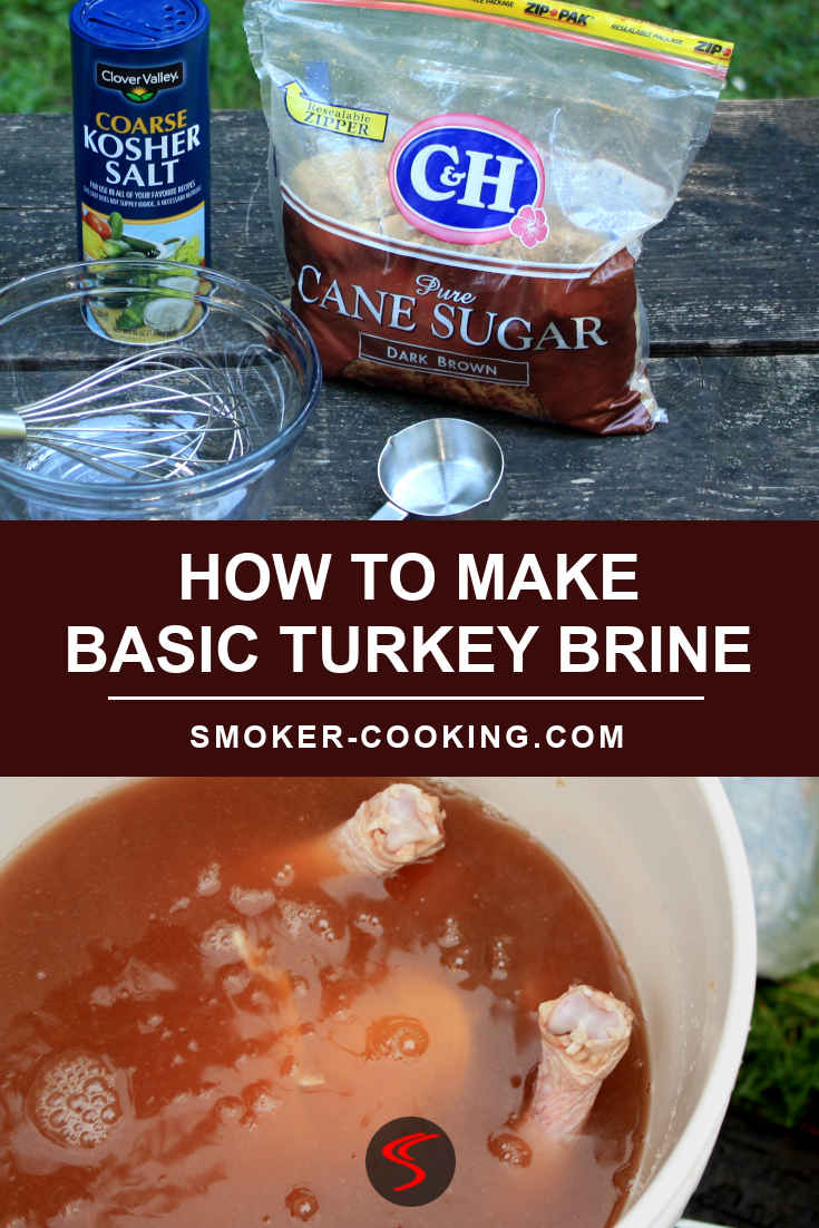 Pinterest graphic showing various brine making ingredients and tools above, and a whole turkey soaking in brine below.