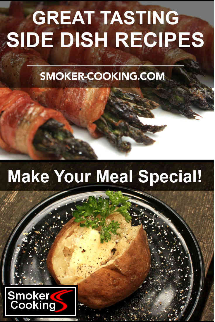 Bacon wrapped asparagus bunches and brined, smoke-baked potatoes grace this beautiful image. To return to this page, pin it to your Pinterest account. Thanks!