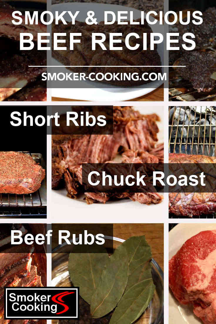 Graphic displaying multiple images of different cuts of beef for the smoker, including chuck roasts, briskets and beef tri tips. Pin to save