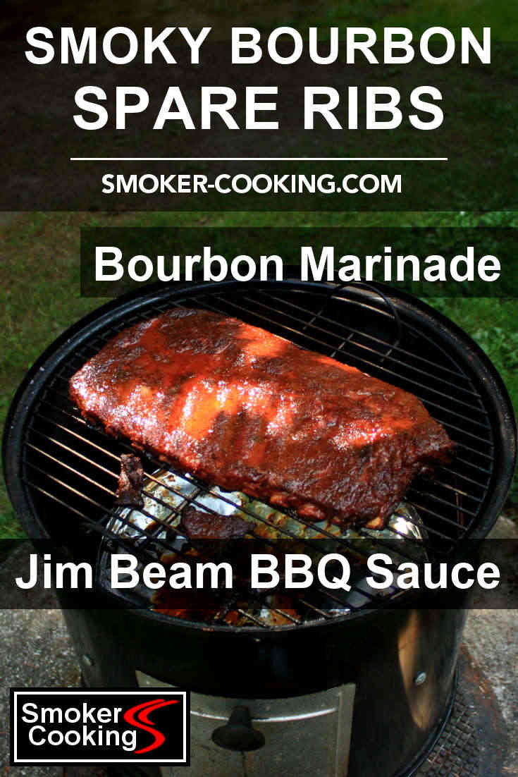 A whole spare rib slab flavored with a splash of bourbon, on the top grate of a Weber Smoky Mountain cooker. Pin to save