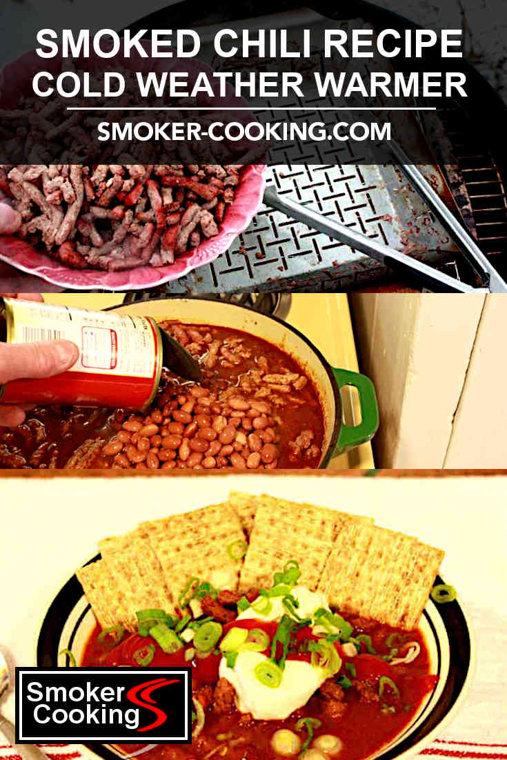 Smoked chili con carne recipe graphic showing smoked coarse ground chili meat, adding beans to the chili pot and a delicious looking bowlful of chili, topped with sour cream and green onions.