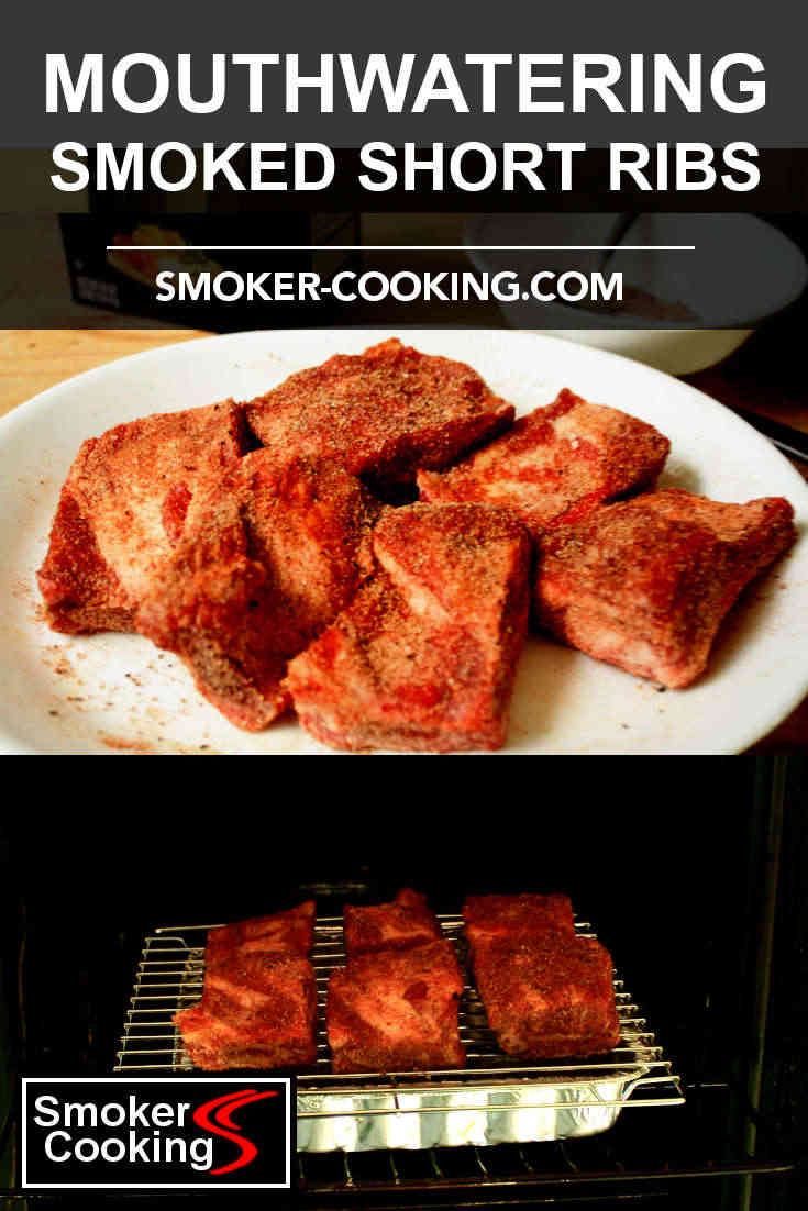 Graphic showing seasoned short ribs on a white plate, and those same ribs on the rack of a smoker. Pin for later
