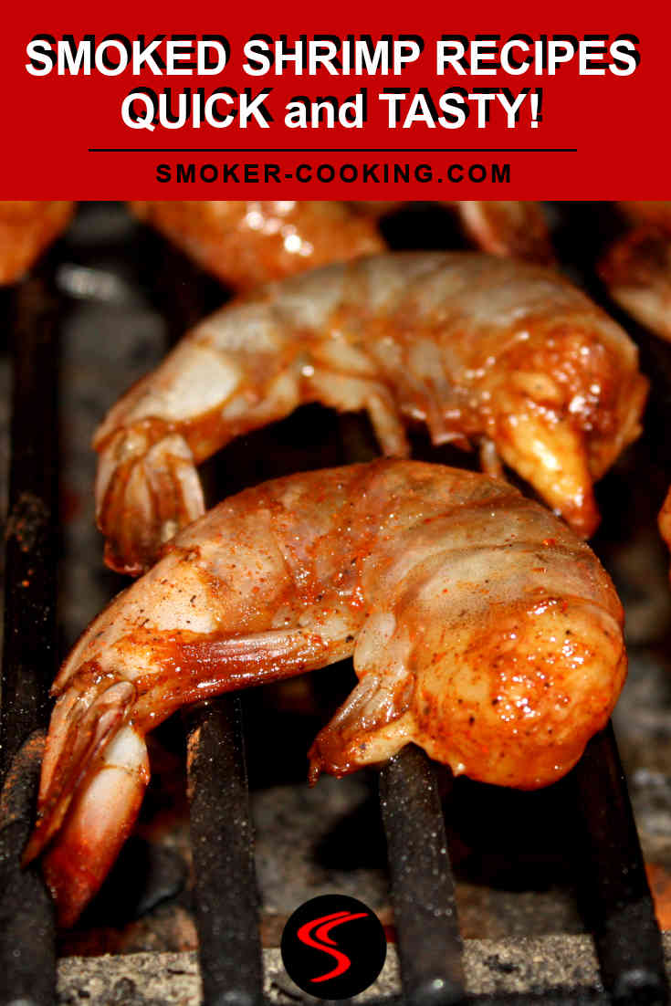 Graphic showing a closeup of smoking, skewered shrimp on the smoker.