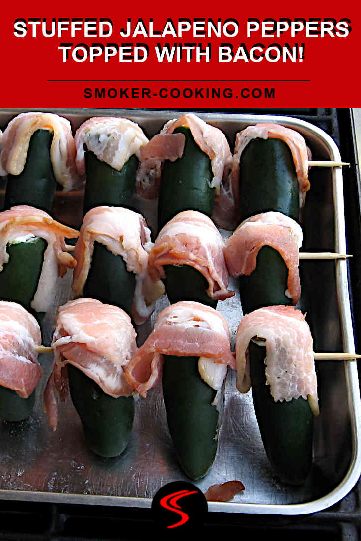 Pan filled with stuffed jalapeno peppers, topped with bacon and supported by bamboo skewers.