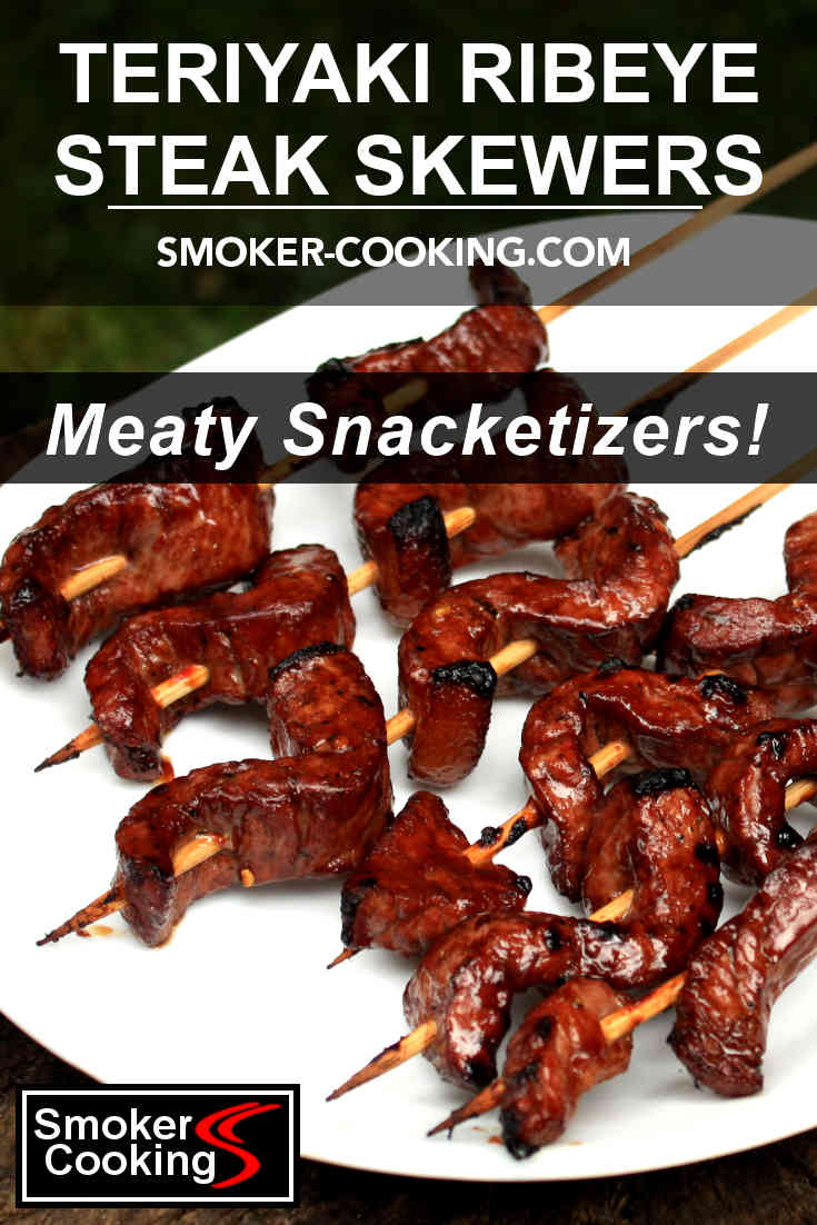 A plate filled with marinated strips of rib eye steak, threaded onto bamboo skewers. Otherwise known a teriyaki steak skewers, these are a delicious appetizer! Pin It, Save It!