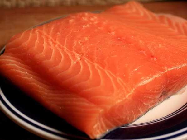 Raw Salmon Fillet on Plate, Before Brining Fresh Salmon Fillet on Blue-Rimmed Plate