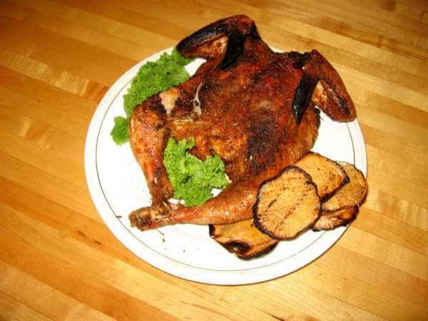 Grilled Rutabaga Slices Alongside a Spatchcock Style Grilled Chicken