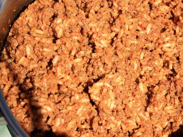 Stuffed Peppers Filling Mixture In Saucepan Seasoned Beef Stuffing Mixture Before Eggs and Ketchup Are Added