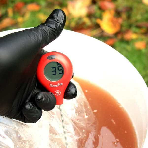 The Turkey Brine is Safely at 35˚F. I Know Because My ThermoWorks ThermoPop Tells Me It's So! Checking Turkey Brine Temperature With My ThermoWorks ThermoPop Thermometer