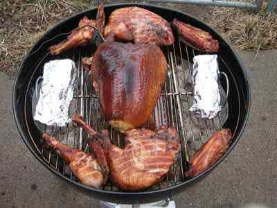 Separated Turkey Parts Being Grill Smoked on My Weber Kettle. Almost Done!